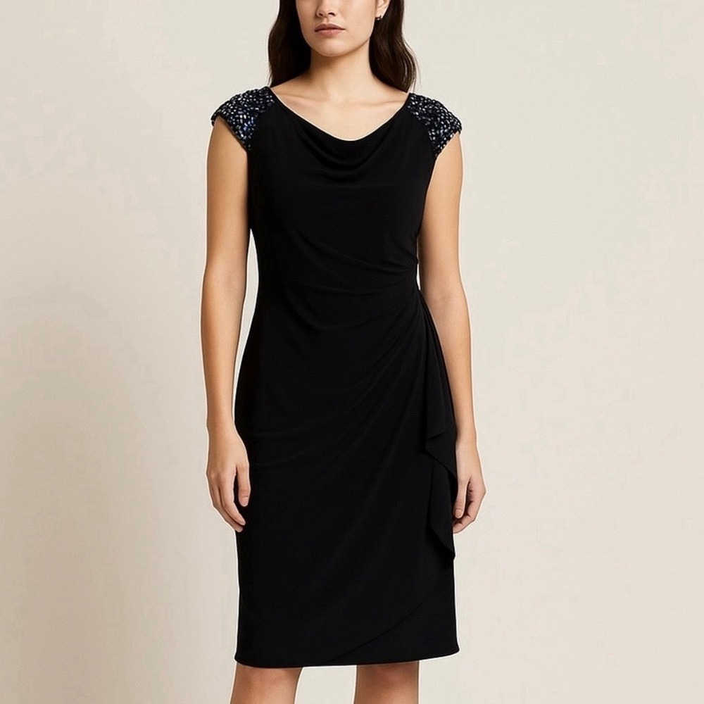Alex Evenings Black Rhinestone Shoulders Ruched Stretch Cowl Neck Dress Size 16W
